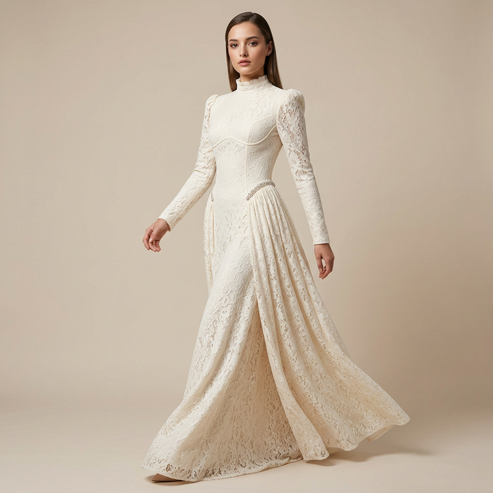 High-Neck Long-Sleeve Lace Maxi Evening Gown-Vyana Collective