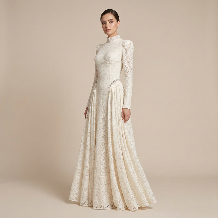 High-Neck Long-Sleeve Lace Maxi Evening Gown-Vyana Collective