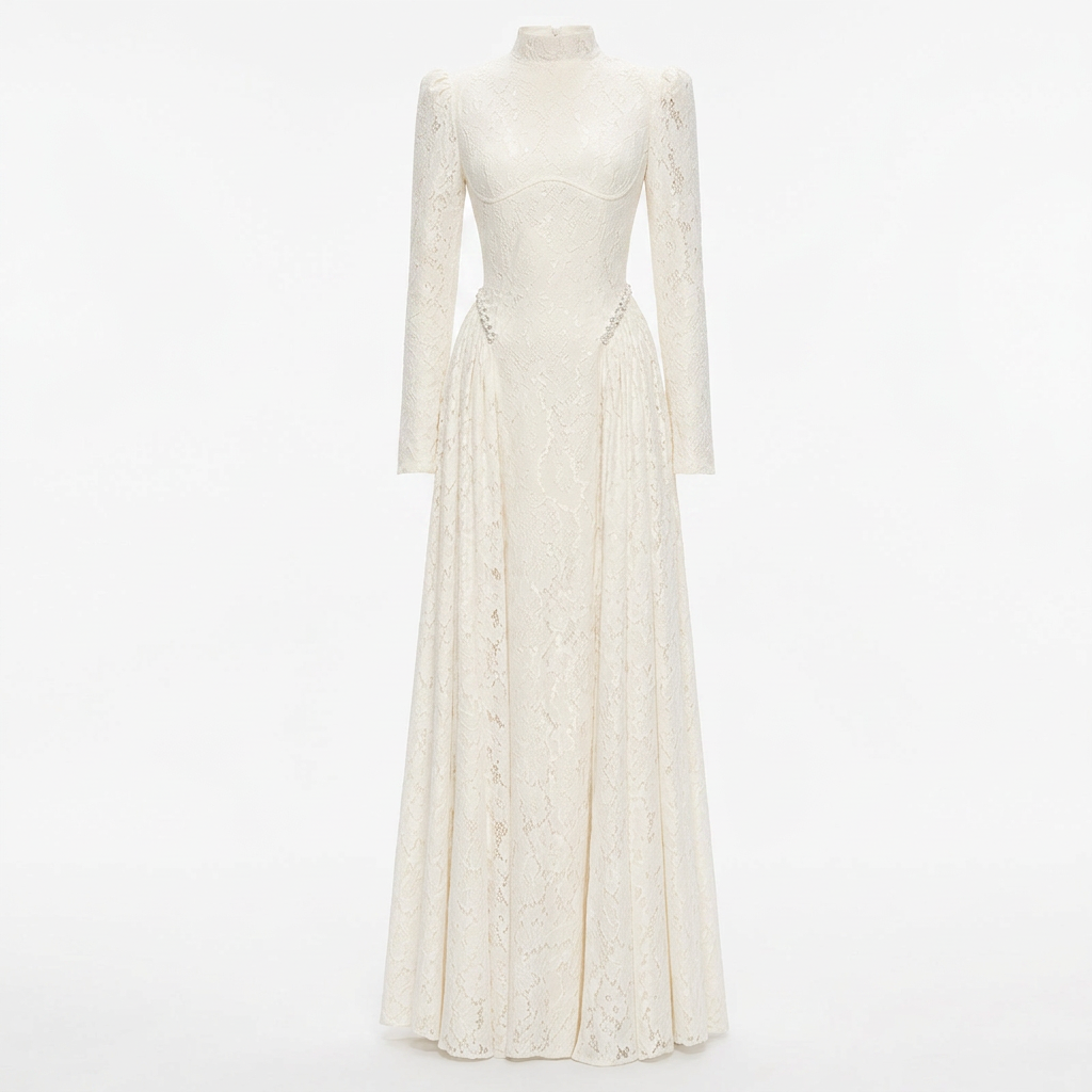 High-Neck Long-Sleeve Lace Maxi Evening Gown-Vyana Collective