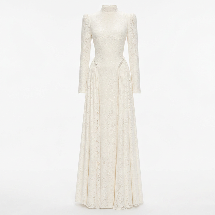 High-Neck Long-Sleeve Lace Maxi Evening Gown-Vyana Collective