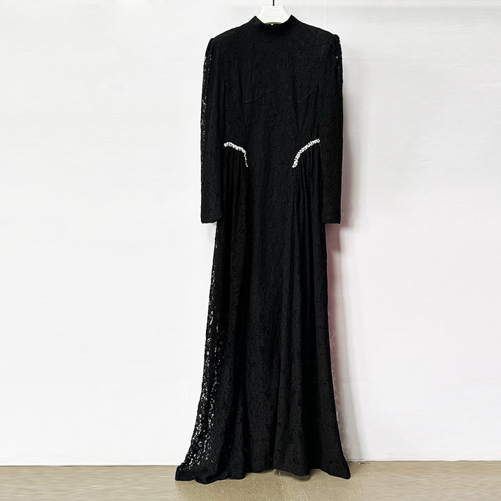High-Neck Long-Sleeve Lace Maxi Evening Gown-Vyana Collective