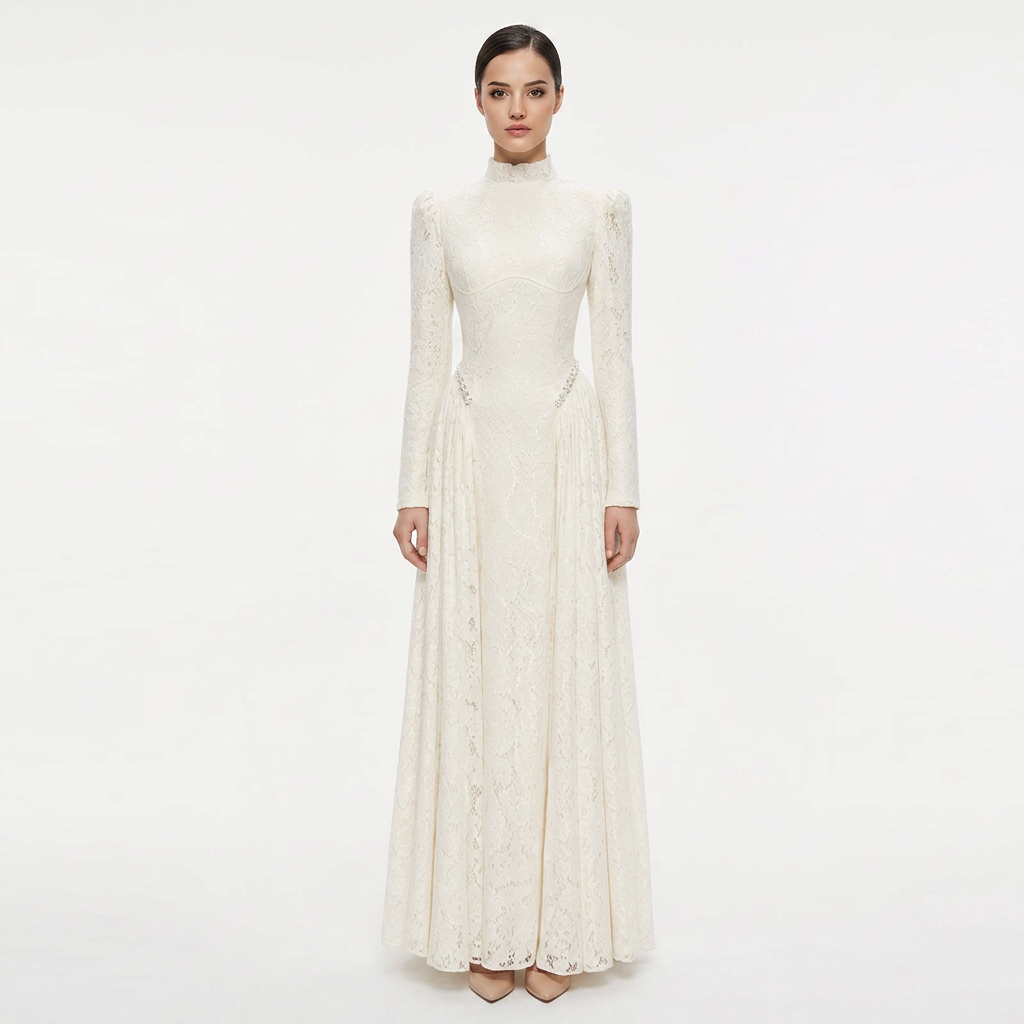 High-Neck Long-Sleeve Lace Maxi Evening Gown-Vyana Collective