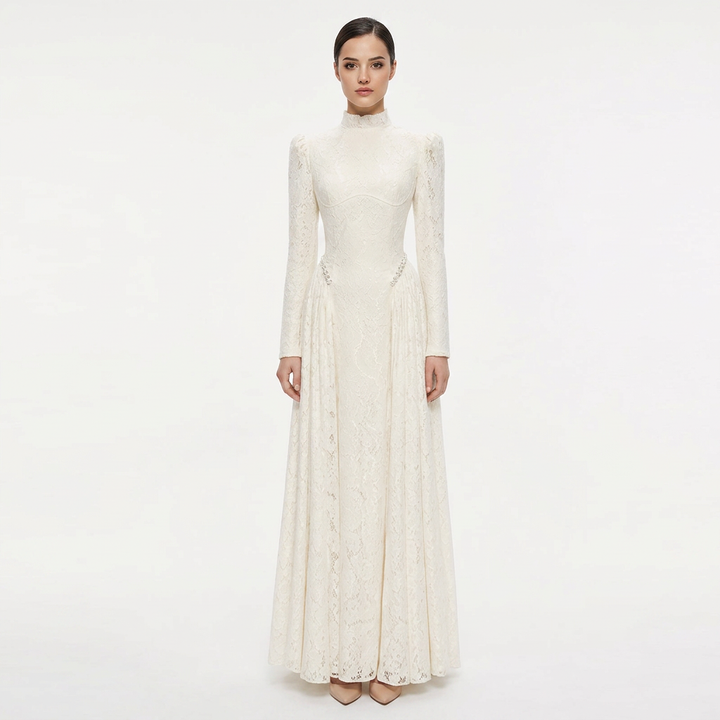 High-Neck Long-Sleeve Lace Maxi Evening Gown-Vyana Collective