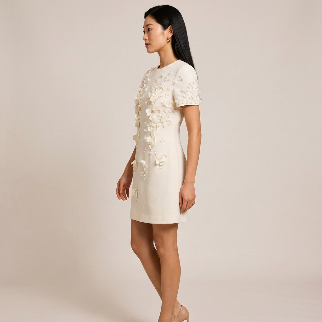 Ivory 3D Floral Embellished Mini Dress for Bridal Showers and Luxury Elegance Women-Vyana Collective