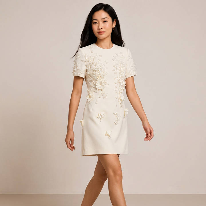 Ivory 3D Floral Embellished Mini Dress for Bridal Showers and Luxury Elegance Women-Vyana Collective