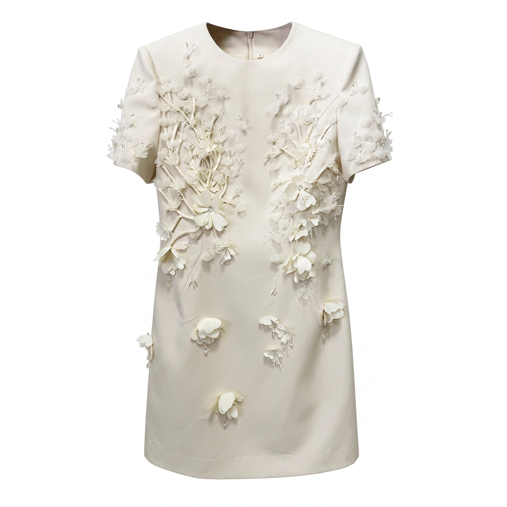 Ivory 3D Floral Embellished Mini Dress for Bridal Showers and Luxury Elegance Women-Vyana Collective