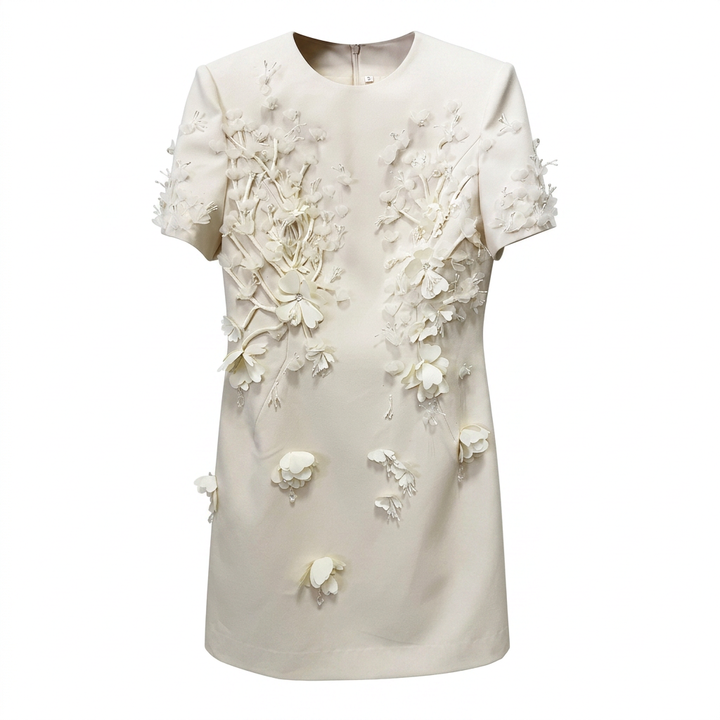 Ivory 3D Floral Embellished Mini Dress for Bridal Showers and Luxury Elegance Women-Vyana Collective