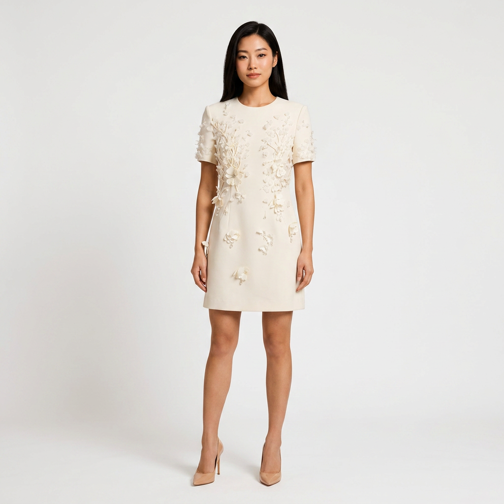 Ivory 3D Floral Embellished Mini Dress for Bridal Showers and Luxury Elegance Women-Vyana Collective
