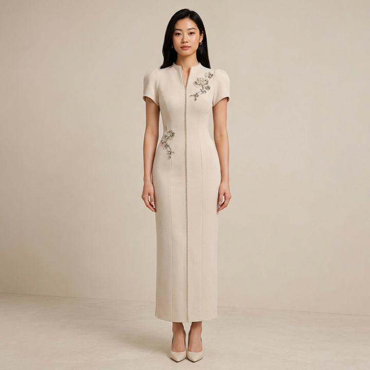 Ivory Crystal-Trim Floral Appliqué Midi Dress-Vyana Collective