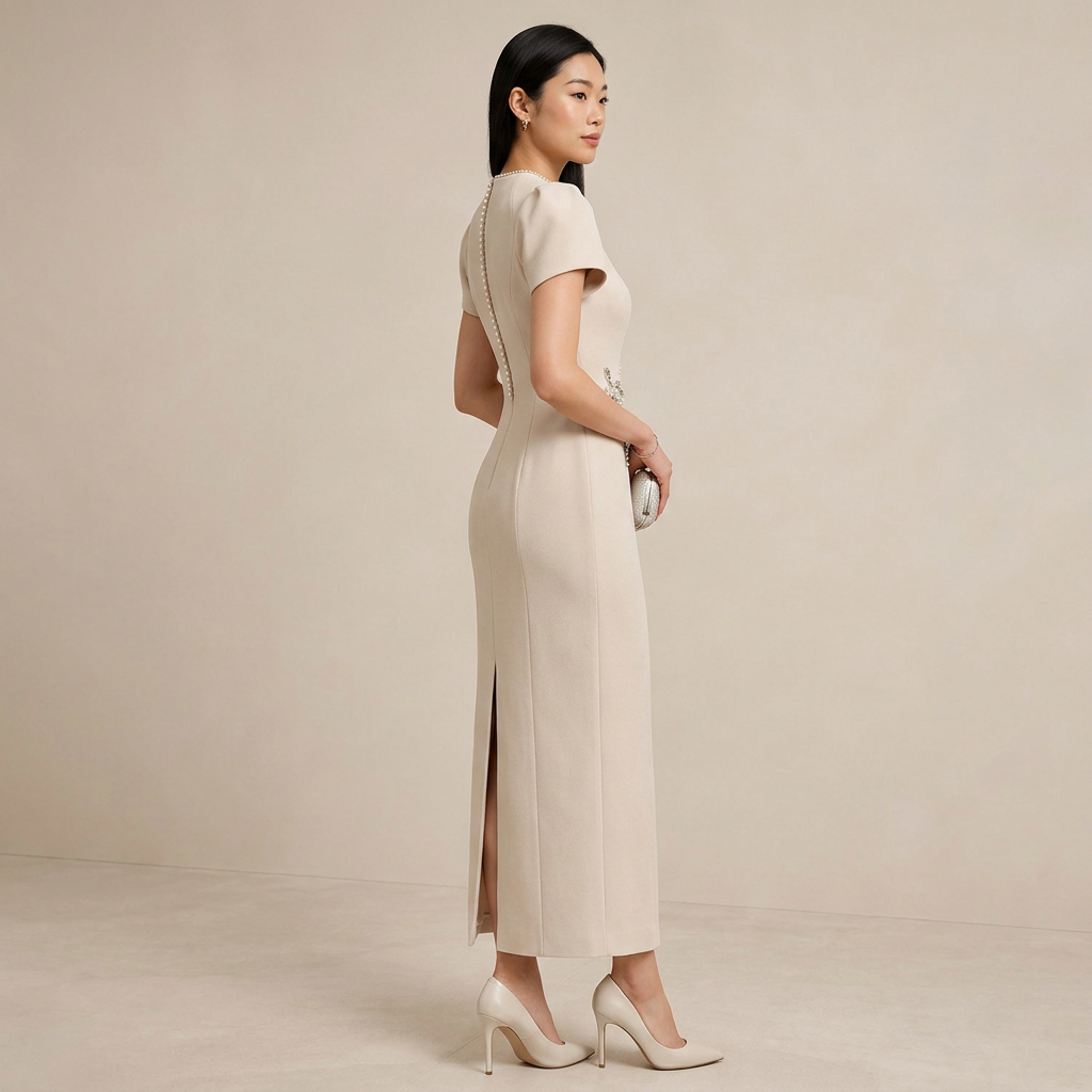 Ivory Crystal-Trim Floral Appliqué Midi Dress-Vyana Collective