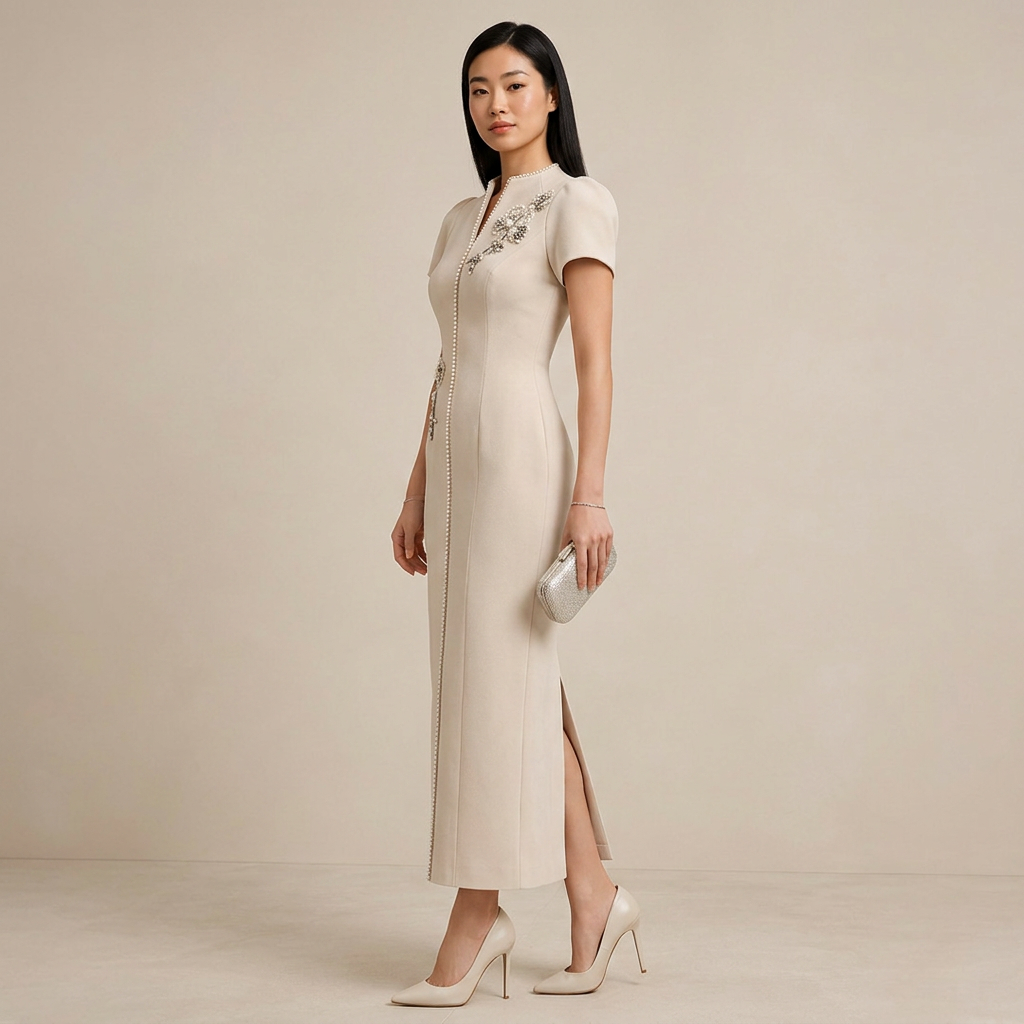 Ivory Crystal-Trim Floral Appliqué Midi Dress-Vyana Collective