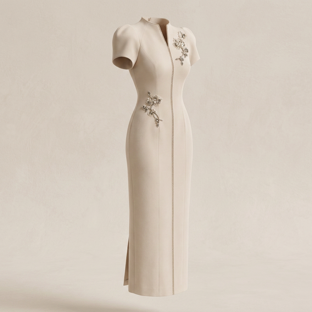 Ivory Crystal-Trim Floral Appliqué Midi Dress-Vyana Collective