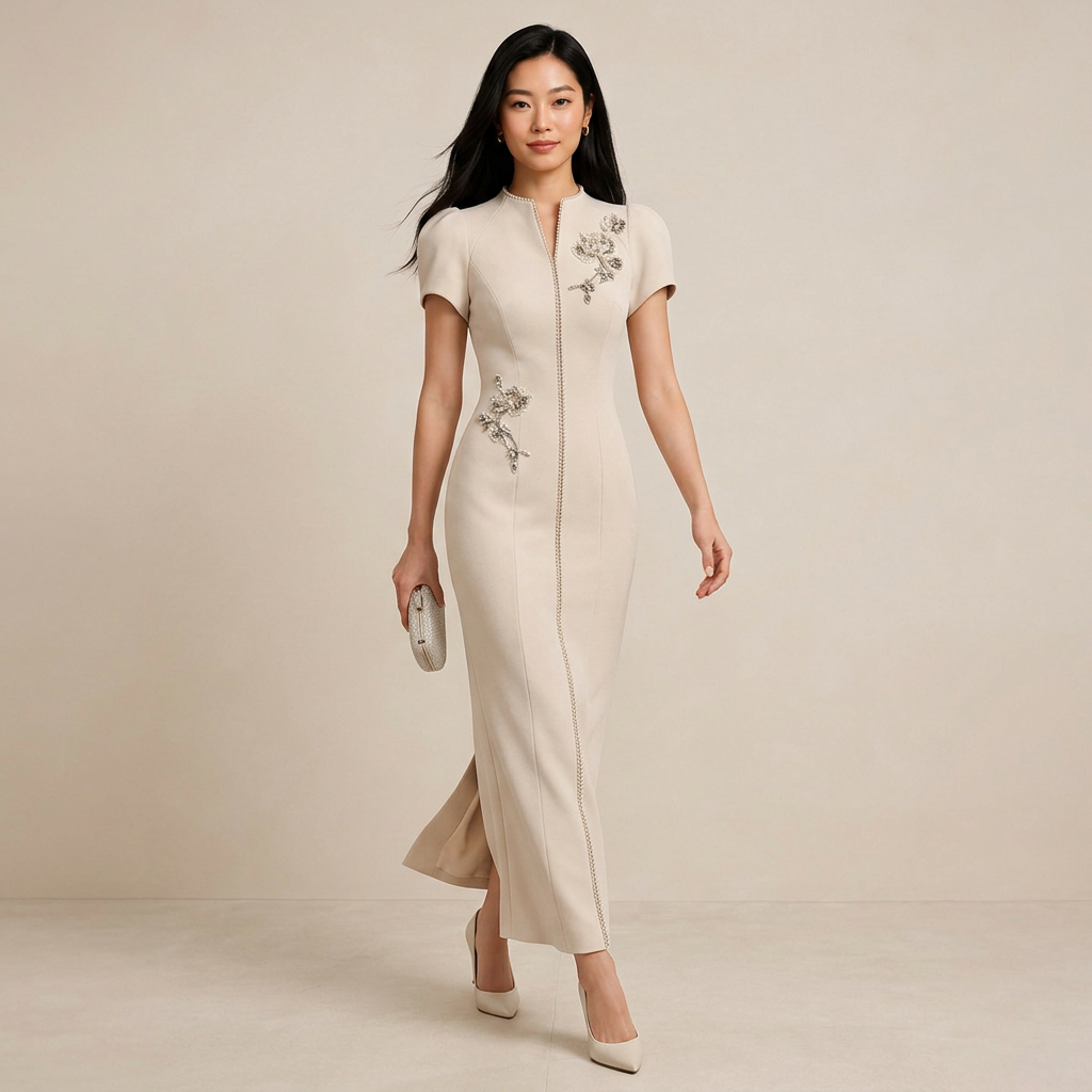 Ivory Crystal-Trim Floral Appliqué Midi Dress-Vyana Collective