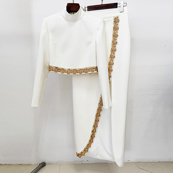 Ivory Embellished Long Sleeve Crop Top and High Slit Maxi Skirt Set for Friday Night Vibes Women-Vyana Collective
