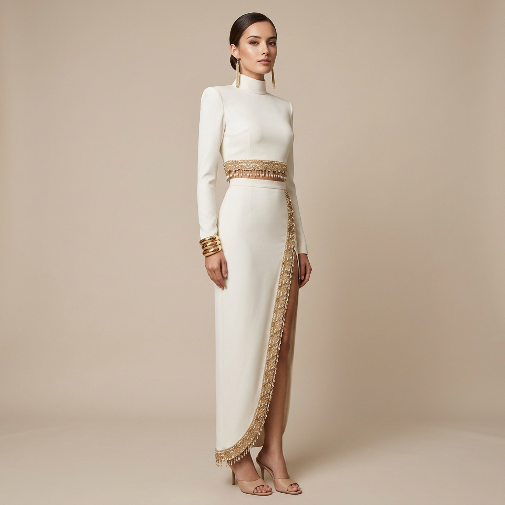 Ivory Embellished Long Sleeve Crop Top and High Slit Maxi Skirt Set for Friday Night Vibes Women-Vyana Collective