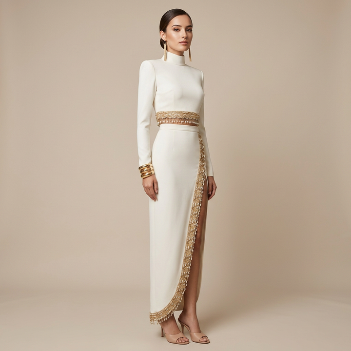 Ivory Embellished Long Sleeve Crop Top and High Slit Maxi Skirt Set for Friday Night Vibes Women-Vyana Collective