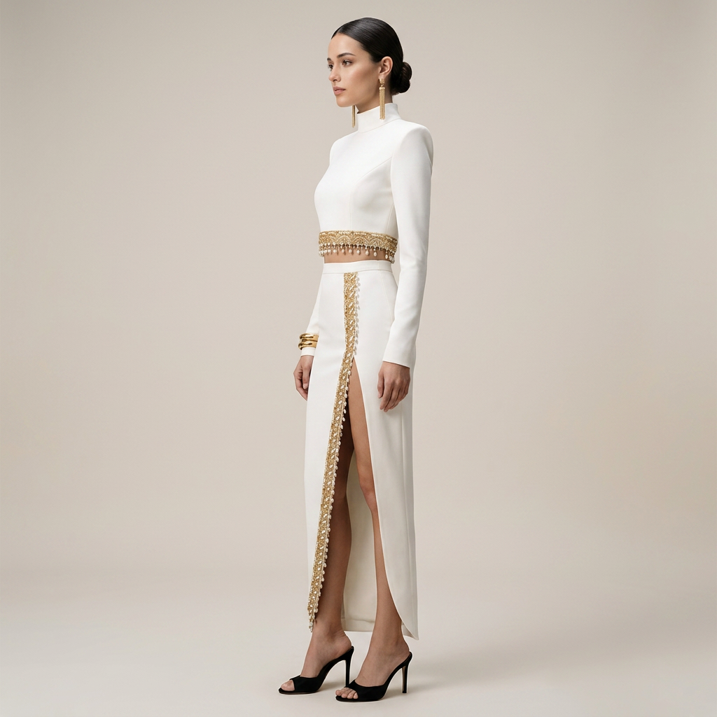 Ivory Embellished Long Sleeve Crop Top and High Slit Maxi Skirt Set for Friday Night Vibes Women-Vyana Collective