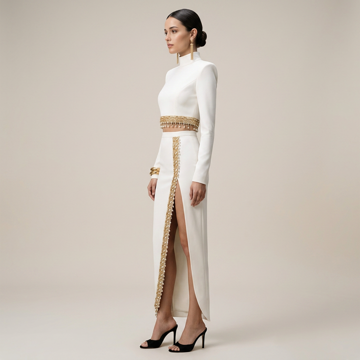 Ivory Embellished Long Sleeve Crop Top and High Slit Maxi Skirt Set for Friday Night Vibes Women-Vyana Collective