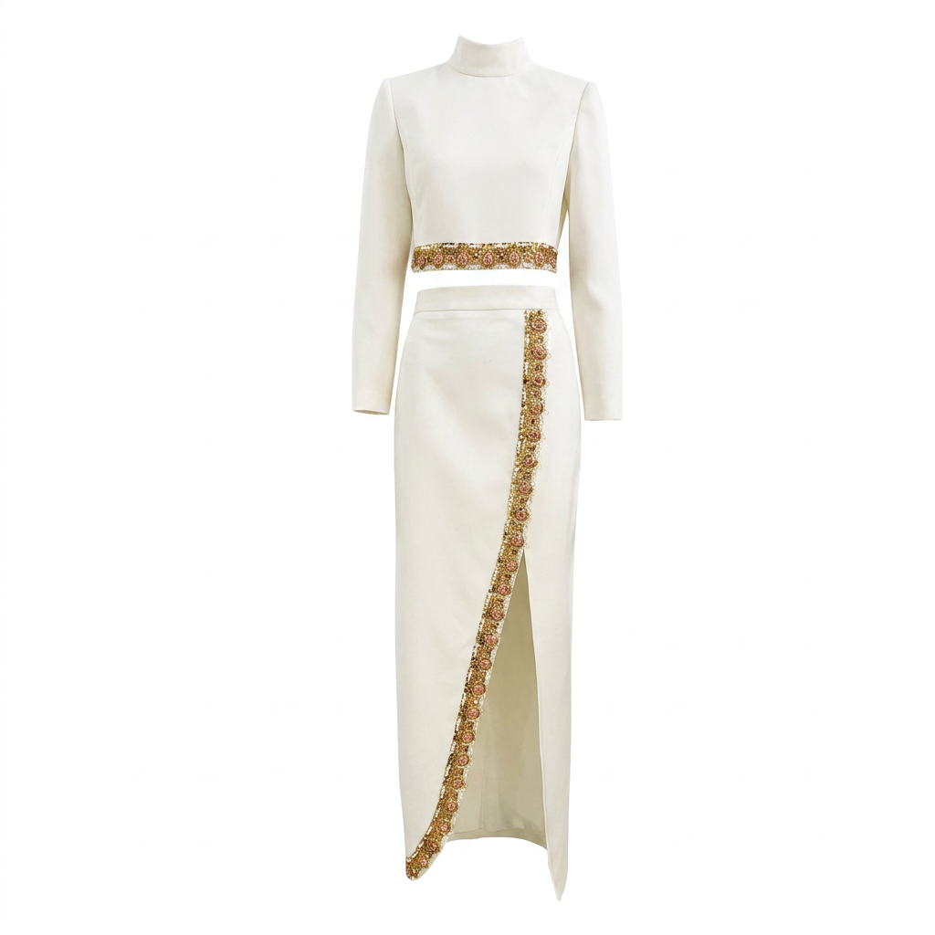 Ivory Embellished Long Sleeve Crop Top and High Slit Maxi Skirt Set for Friday Night Vibes Women-Vyana Collective