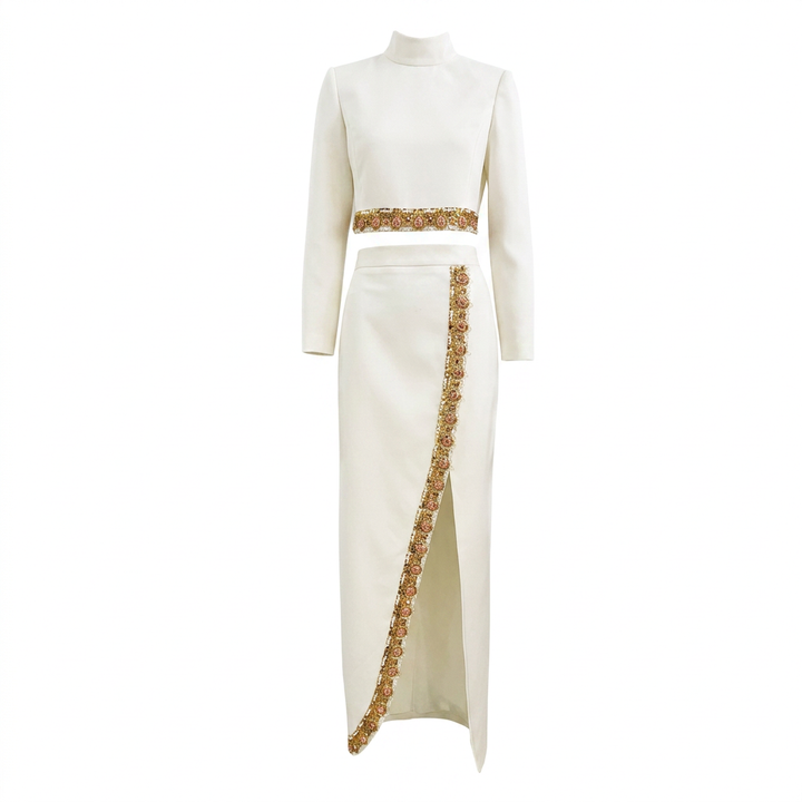 Ivory Embellished Long Sleeve Crop Top and High Slit Maxi Skirt Set for Friday Night Vibes Women-Vyana Collective