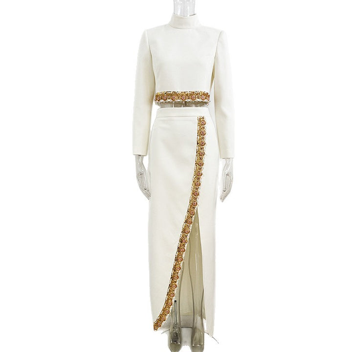 Ivory Embellished Long Sleeve Crop Top and High Slit Maxi Skirt Set for Friday Night Vibes Women-Vyana Collective