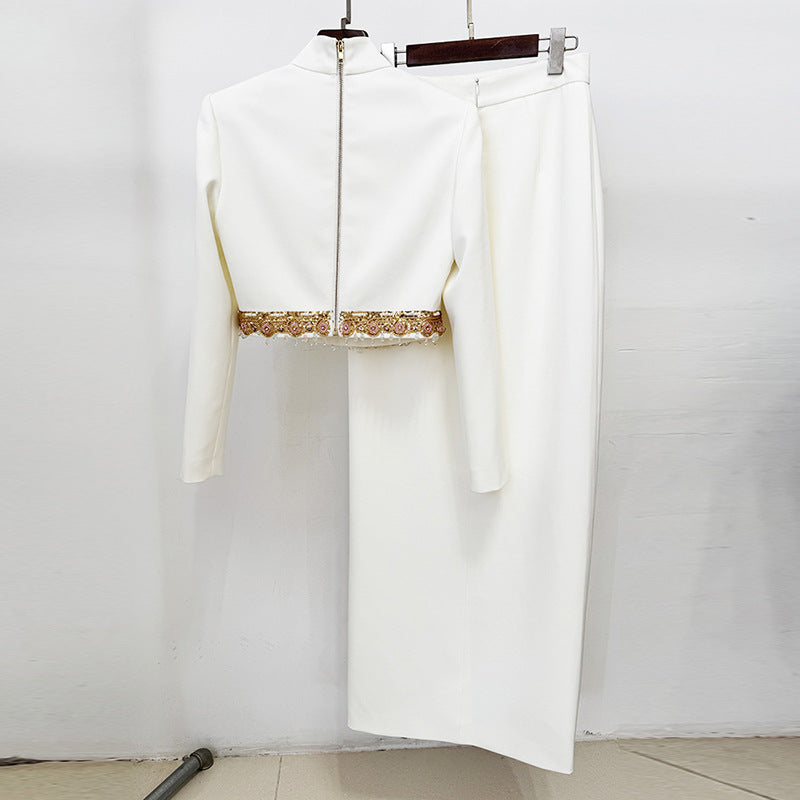 Ivory Embellished Long Sleeve Crop Top and High Slit Maxi Skirt Set for Friday Night Vibes Women-Vyana Collective