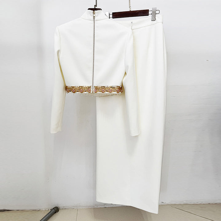 Ivory Embellished Long Sleeve Crop Top and High Slit Maxi Skirt Set for Friday Night Vibes Women-Vyana Collective