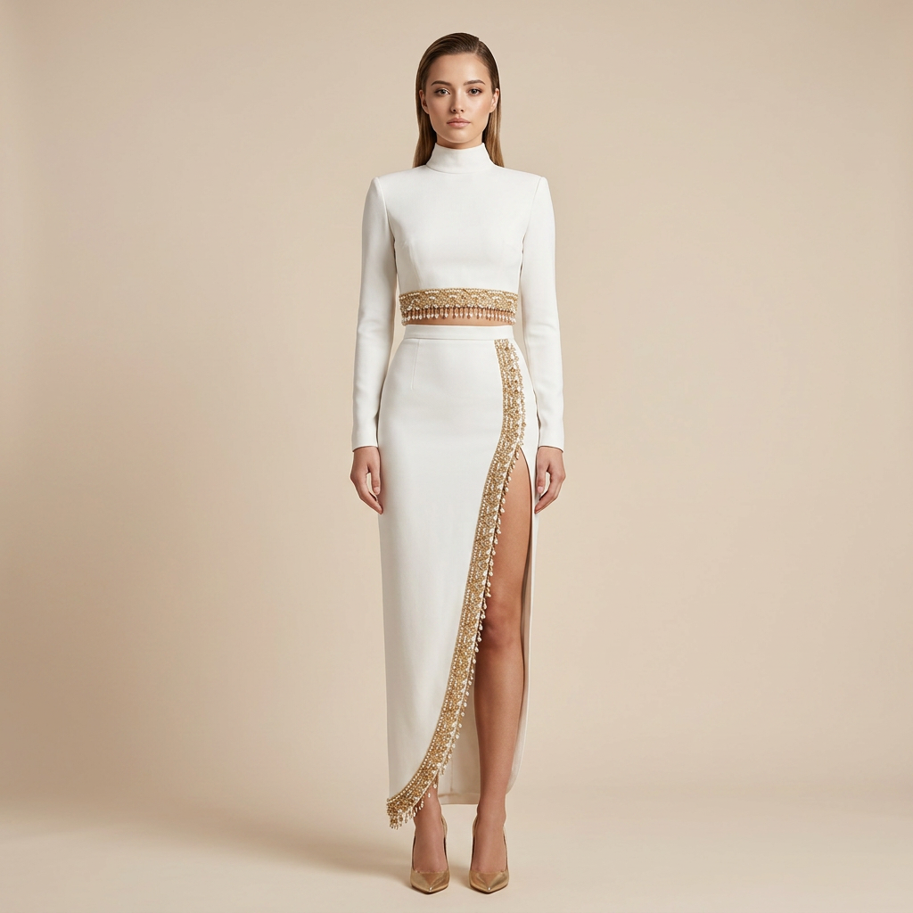 Ivory Embellished Long Sleeve Crop Top and High Slit Maxi Skirt Set for Friday Night Vibes Women-Vyana Collective