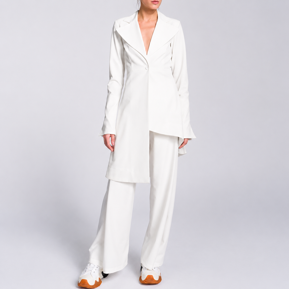 Ivory Irregular Hem Jacket and Wide Leg Pants Suit for Women-Vyana Collective
