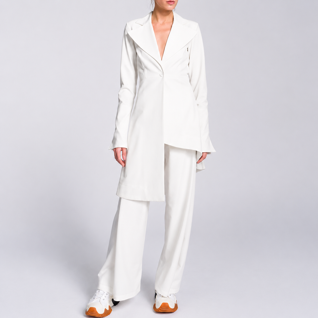 Ivory Irregular Hem Jacket and Wide Leg Pants Suit for Women-Vyana Collective