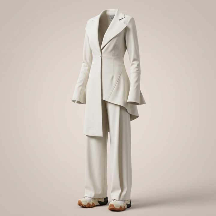 Ivory Irregular Hem Jacket and Wide Leg Pants Suit for Women-Vyana Collective