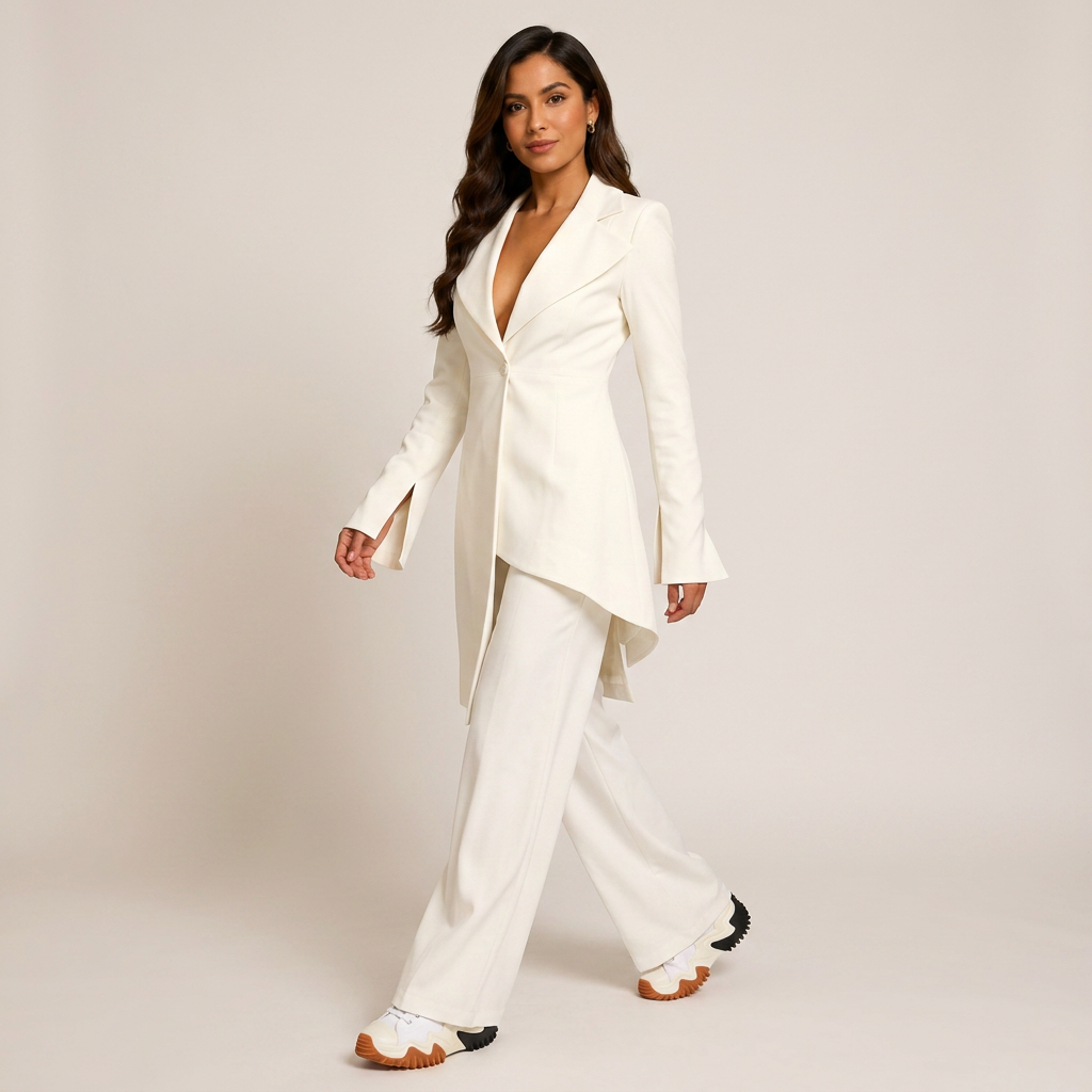 Ivory Irregular Hem Jacket and Wide Leg Pants Suit for Women-Vyana Collective