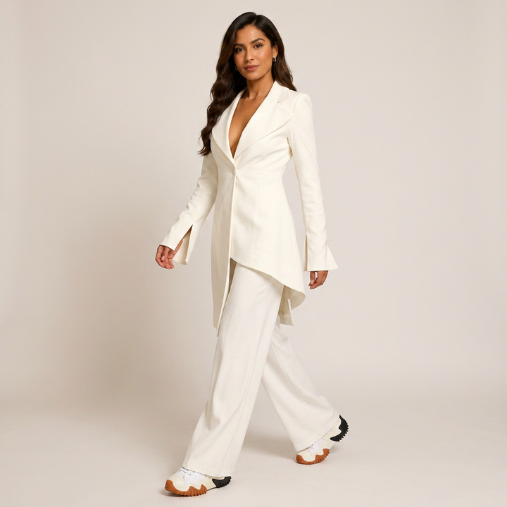 Ivory Irregular Hem Jacket and Wide Leg Pants Suit for Women-Vyana Collective