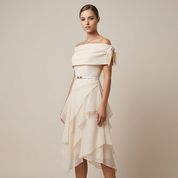 Ivory Off-Shoulder Cape Top &amp; Layered Asymmetric Midi Skirt Set-Vyana Collective