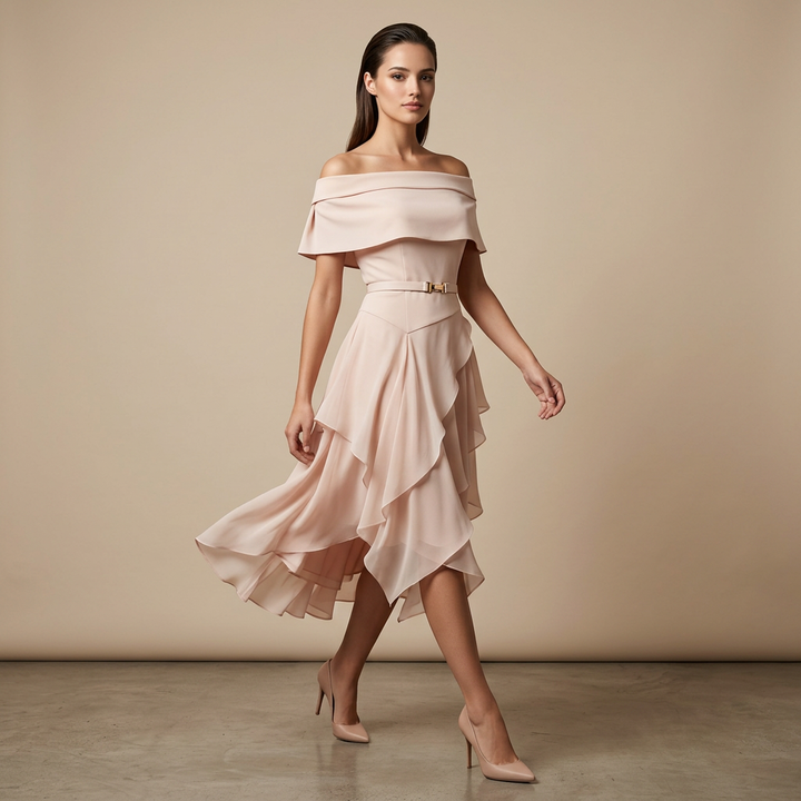Ivory Off-Shoulder Cape Top &amp; Layered Asymmetric Midi Skirt Set-Vyana Collective