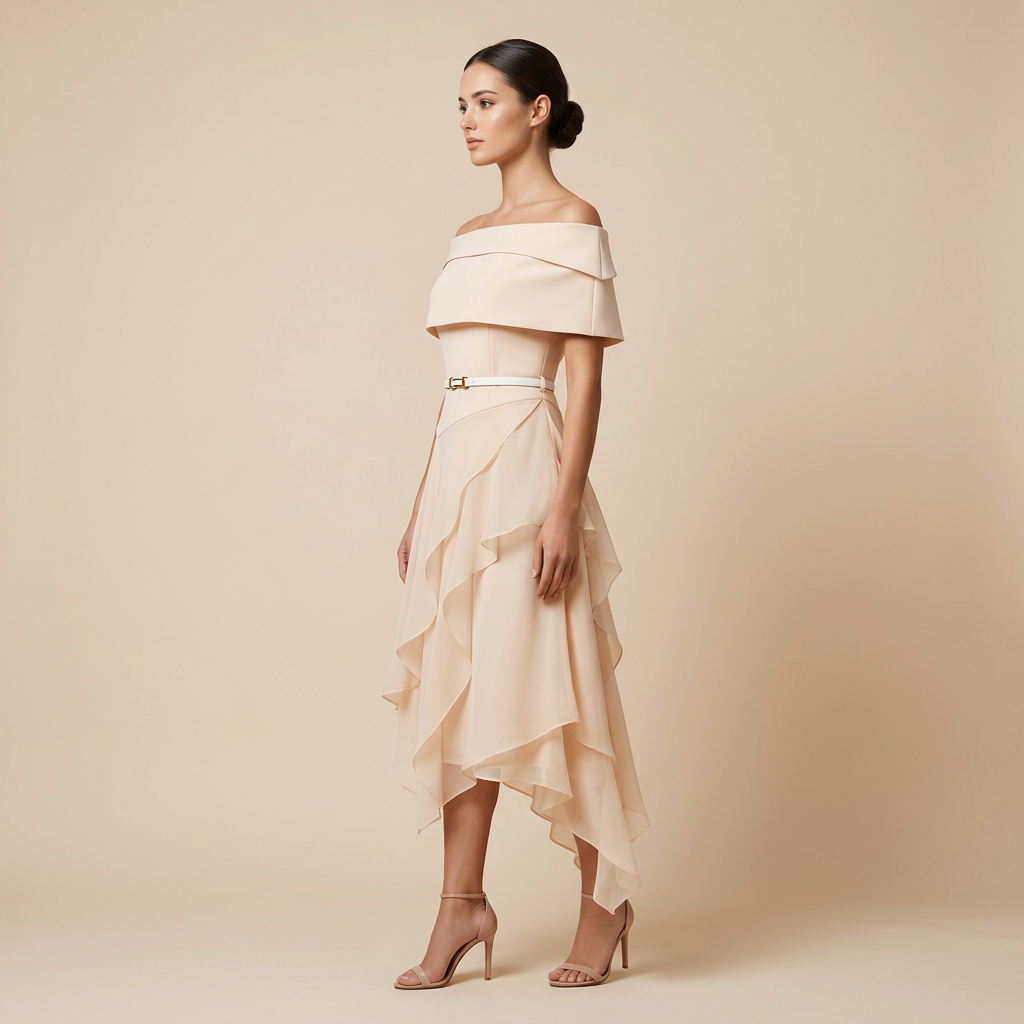 Ivory Off-Shoulder Cape Top &amp; Layered Asymmetric Midi Skirt Set-Vyana Collective