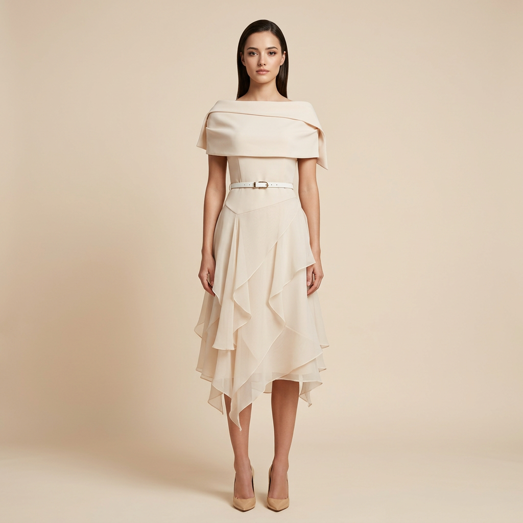 Ivory Off-Shoulder Cape Top &amp; Layered Asymmetric Midi Skirt Set-Vyana Collective