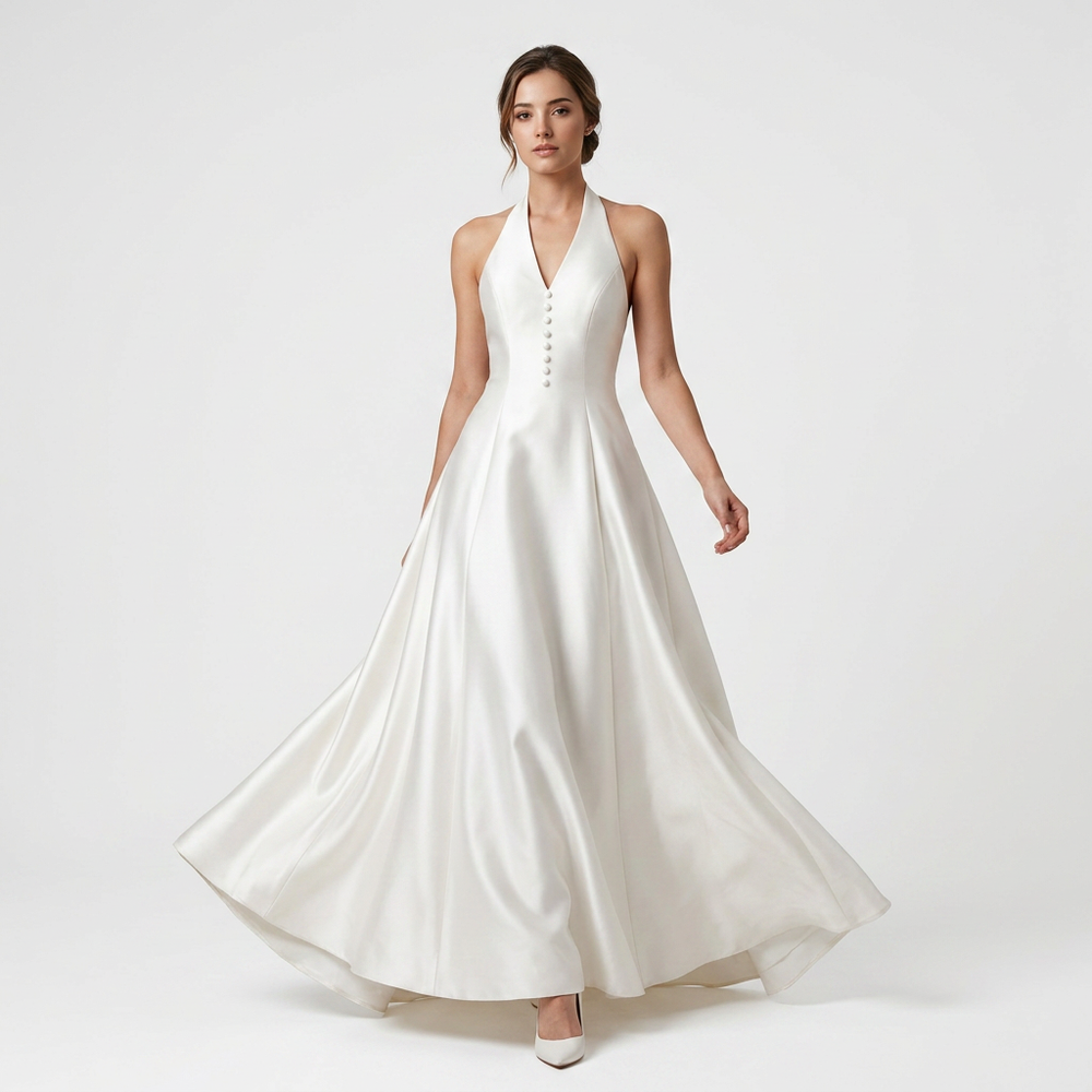 Ivory Satin Halter-Neck A-Line Maxi Dress-Vyana Collective