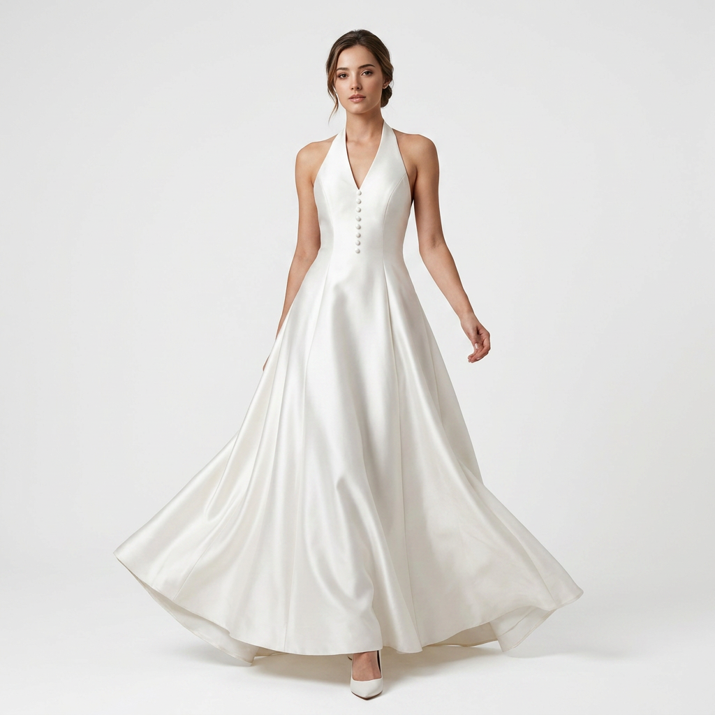 Ivory Satin Halter-Neck A-Line Maxi Dress-Vyana Collective