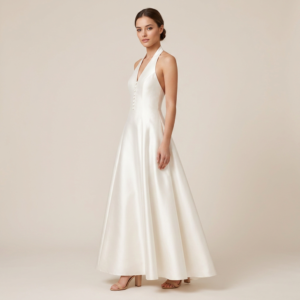 Ivory Satin Halter-Neck A-Line Maxi Dress-Vyana Collective
