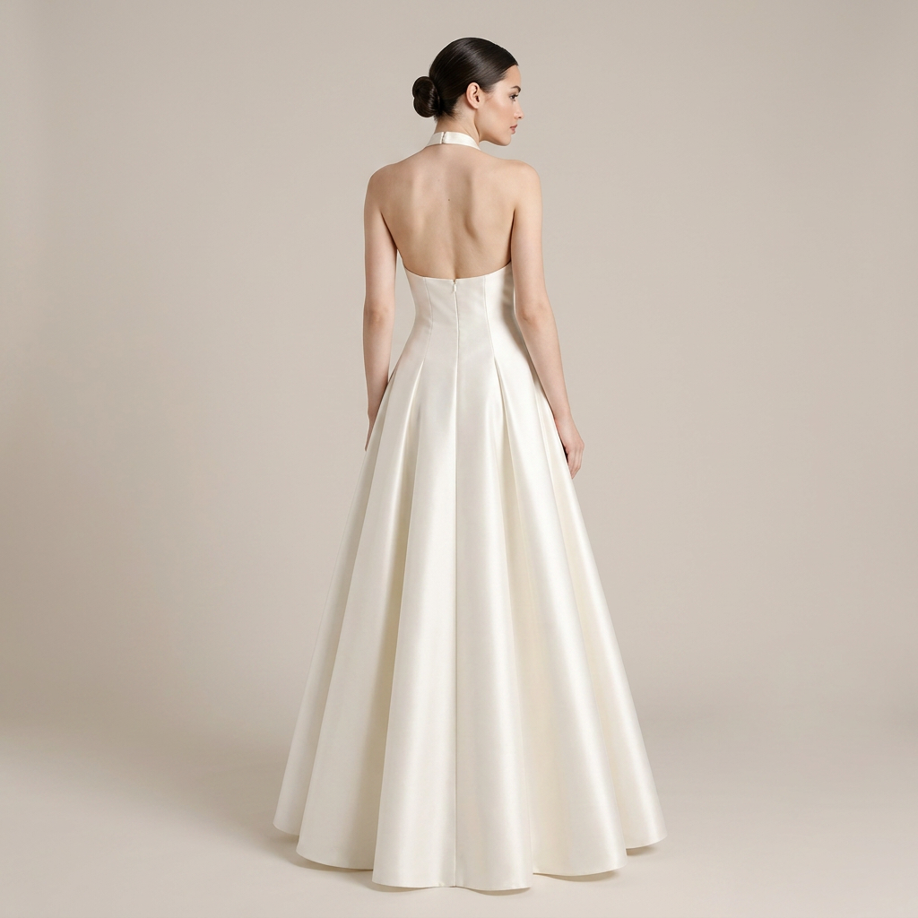 Ivory Satin Halter-Neck A-Line Maxi Dress-Vyana Collective