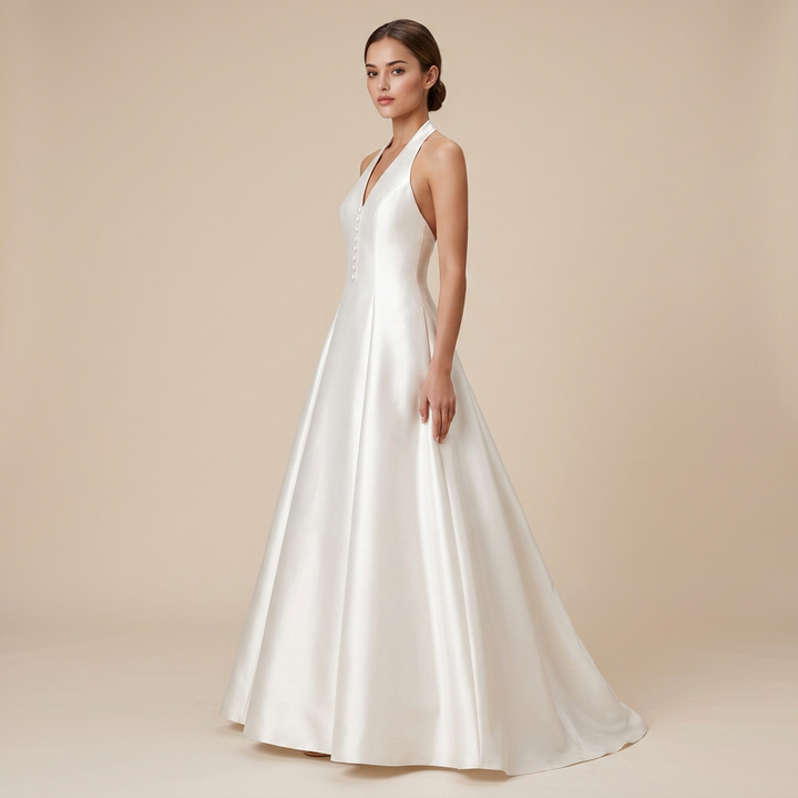Ivory Satin Halter-Neck A-Line Maxi Dress-Vyana Collective