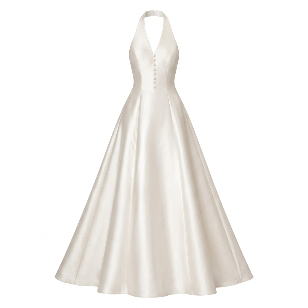 Ivory Satin Halter-Neck A-Line Maxi Dress-Vyana Collective