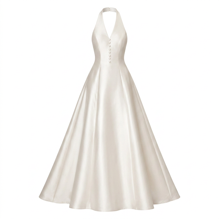Ivory Satin Halter-Neck A-Line Maxi Dress-Vyana Collective