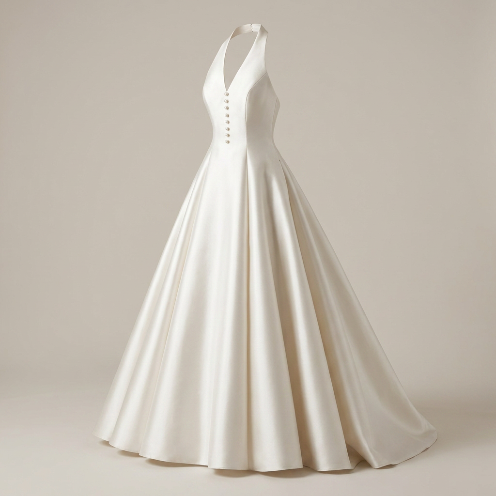 Ivory Satin Halter-Neck A-Line Maxi Dress-Vyana Collective