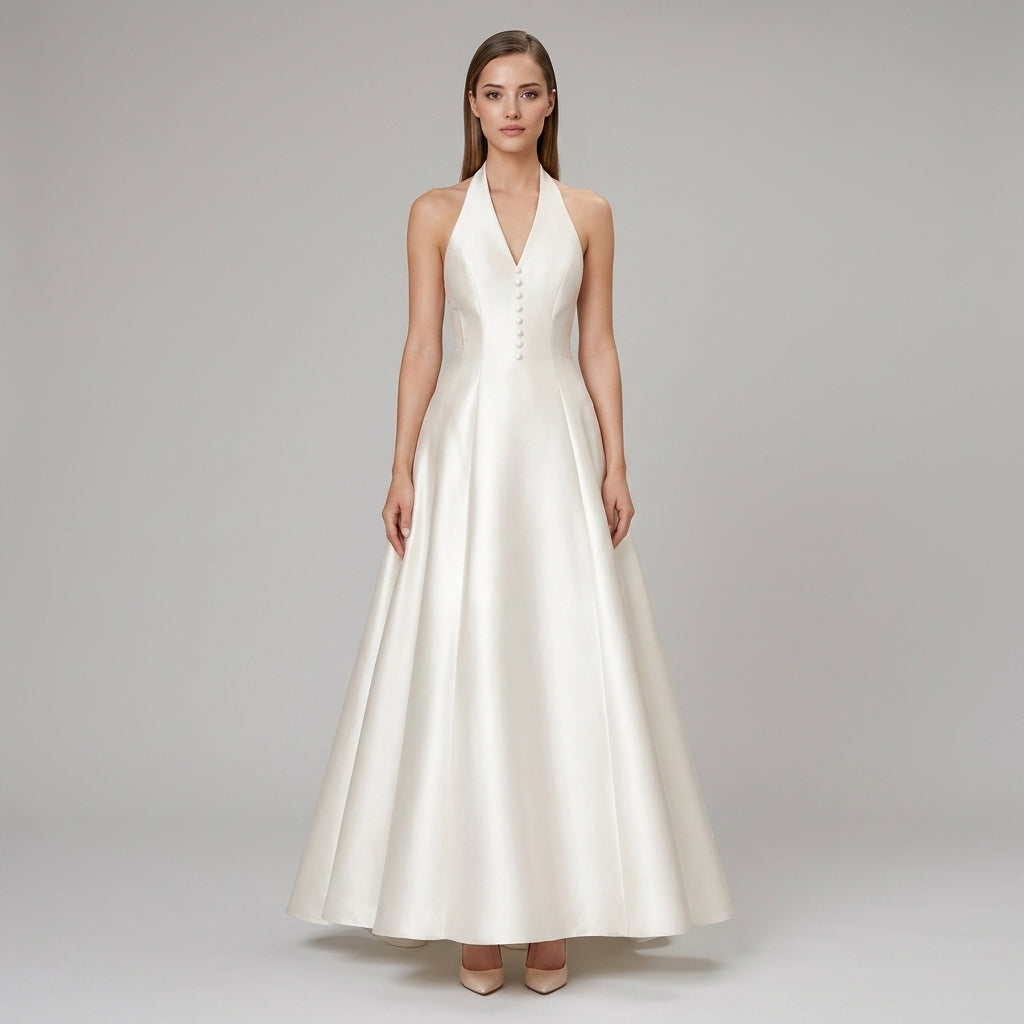 Ivory Satin Halter-Neck A-Line Maxi Dress-Vyana Collective