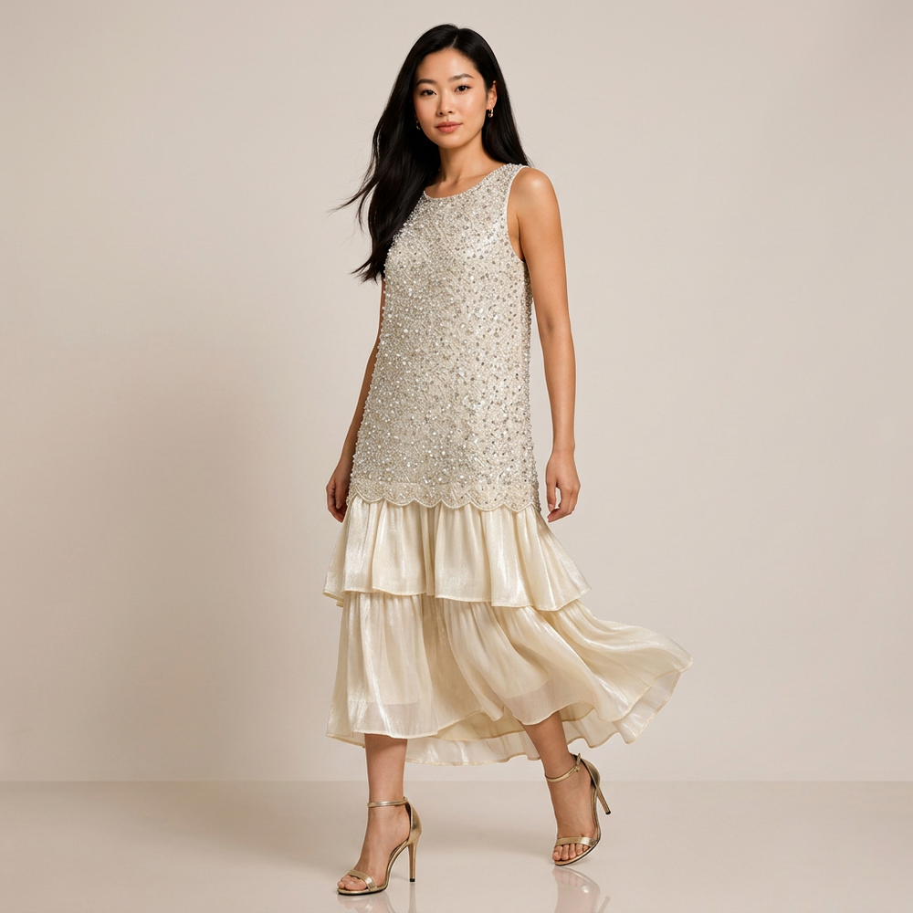 Ivory Sleeveless Beaded Layered Midi Dress-Vyana Collective