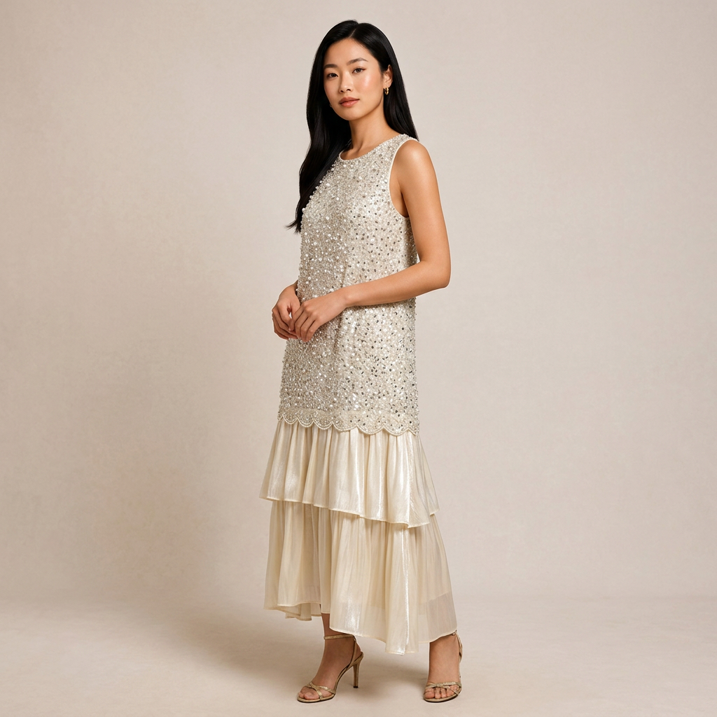 Ivory Sleeveless Beaded Layered Midi Dress-Vyana Collective