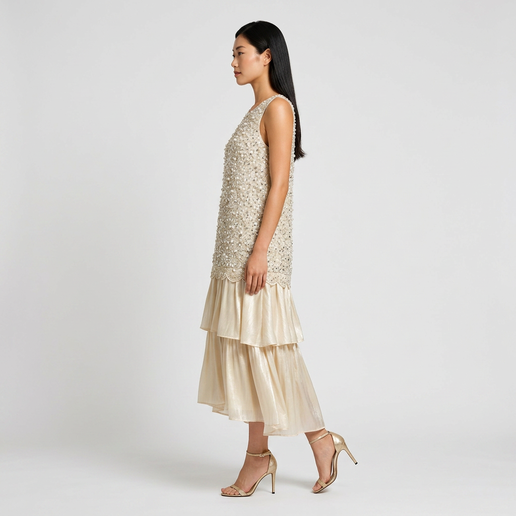 Ivory Sleeveless Beaded Layered Midi Dress-Vyana Collective