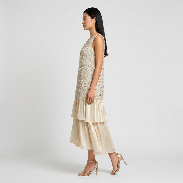 Ivory Sleeveless Beaded Layered Midi Dress-Vyana Collective